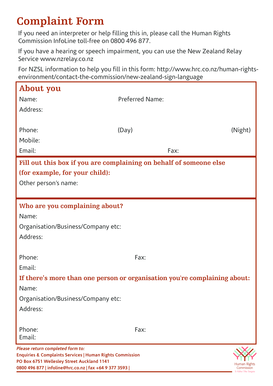 New Zealand Human Rights Complaint Form