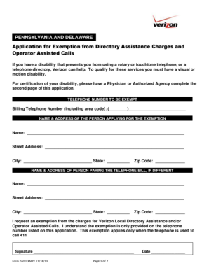 Pennsylvania and Delaware Directory Assistance Exemption Application