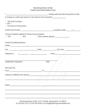 Ella Dining Room & Bar Credit Card Authorization Form