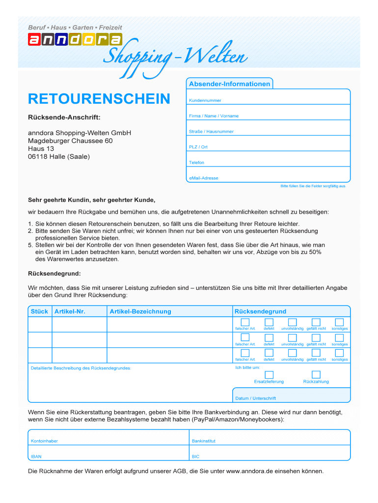 Retourenschein - Online ausfüllen, ausdrucken, ausfüllbar, leer | pdfFiller