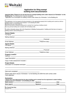 Application for Filing Exempt Building Work Documentation