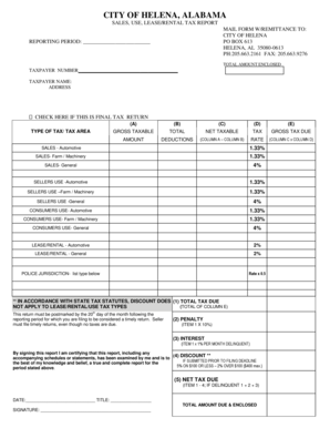City of Helena Alabama Sales Use Lease Rental Tax Report