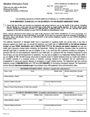 CIGNA HealthCare Member Grievance Form