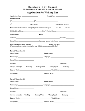 Blacktown City Council Child Care Waiting List Application