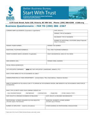 Business Questionnaire for BBB Accreditation