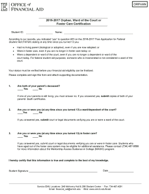2016-2017 Orphan, Ward of the Court or Foster Care Certification