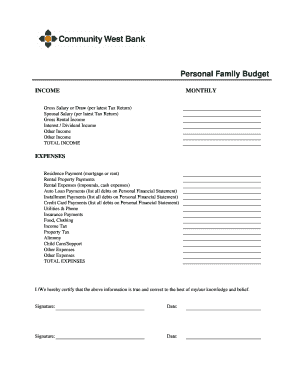 Personal Family Budget Form