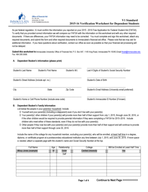 2015-2016 Verification Worksheet for Dependent Students