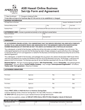 ASB Hawaii Online Business Set-Up Form and Agreement