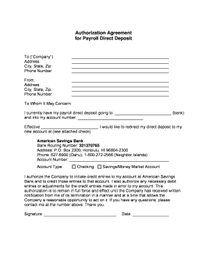 Authorization Agreement for Payroll Direct Deposit