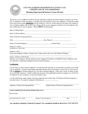 City of Anaheim Transient Occupancy Tax Exemption Certificate