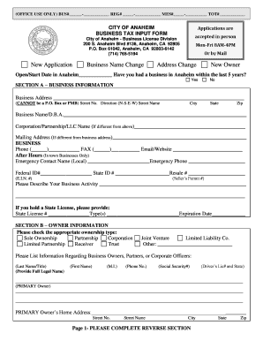 City of Anaheim Business Tax Input Form
