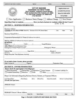 City of Anaheim Business Tax Input Form