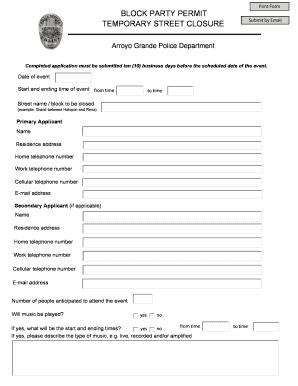 Fillable Online arroyogrande BLOCK PARTY PERMIT TEMPORARY STREET ...