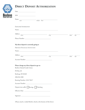 Direct Deposit AuthorizAtion - Beehive Federal Credit Union