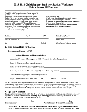 2013-2014 Child Support Paid Verification Worksheet