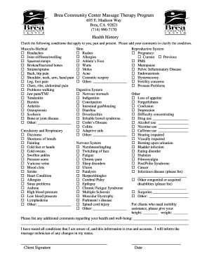 Health History Form for Massage Therapy