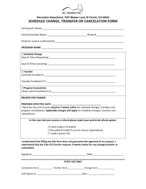 Recreation Program Schedule Change Form