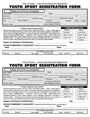 City of Colton Youth Sport Registration Form
