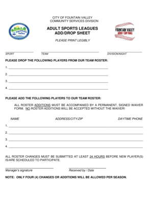 Adult Sports Leagues Add/Drop Sheet