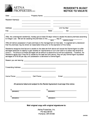 Resident’s 30-Day Notice to Vacate