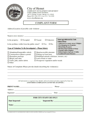 City of Hemet Code Violation Complaint Form