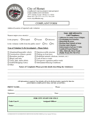 City of Hemet Code Violation Complaint Form