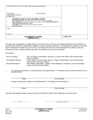 California Statement of Venue Form CV011