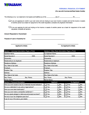Personal Financial Statement for Commercial/Real Estate Credits