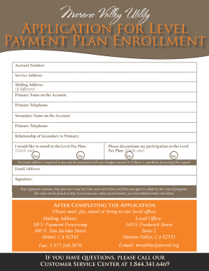 Moreno Valley Utility Level Payment Plan Application