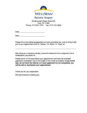 WellSpan Bariatric Surgery New Patient History Form