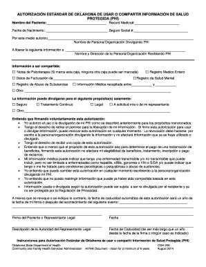 AUTORIZACIÓN ESTÁNDAR DE OKLAHOMA DE USAR O COMPARTIR INFORMACIÓN DE SALUD PROTEGIDA (PHI)