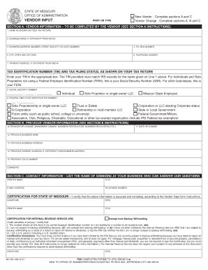 Missouri Vendor Input Form
