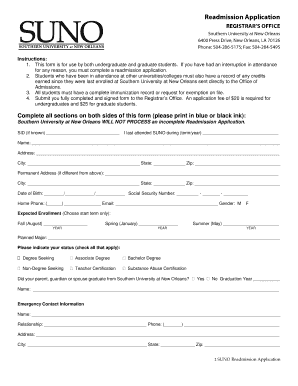 Southern University at New Orleans Readmission Application