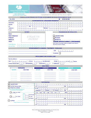 Feuille de prescription d'examen de biologie médicale