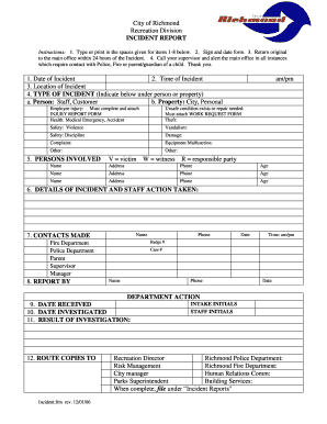 Mental status evaluation checklist - City of Richmond Recreation Division INCIDENT REPORT