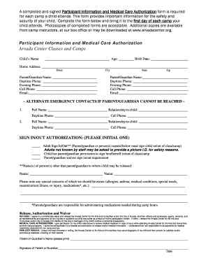 Participant Information and Medical Care Authorization Form