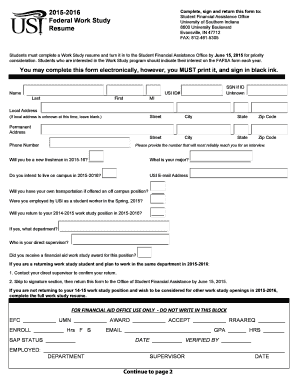 University of Southern Indiana Work Study Resume Form