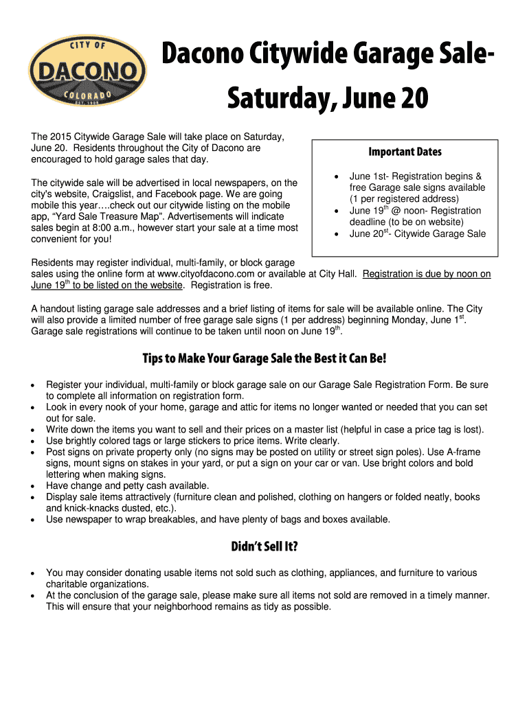 Fillable Online ci dacono co Dacono Citywide Garage Sale Saturday June