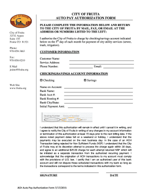 City of Fruita Auto Pay Authorization Form