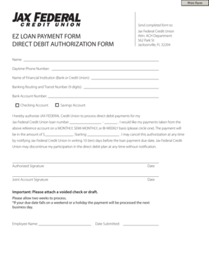 Jax Federal Credit Union Direct Debit Authorization Form