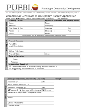Commercial Certificate of Occupancy Escrow Application