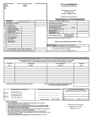 City of Westminster Sales and Use Tax Return