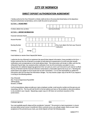 City of Norwich Direct Deposit Authorization