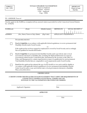 Connecticut Disabled Tax Exemption Form D-1