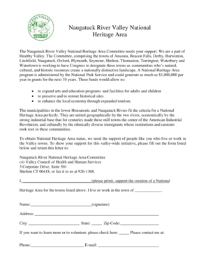 Naugatuck River Valley National Heritage Area Support Form
