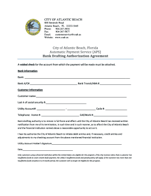 City of Atlantic Beach Bank Drafting Authorization Agreement