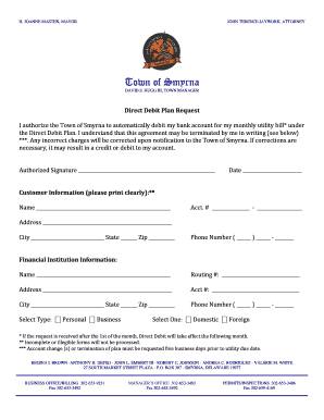 Town of Smyrna Direct Debit Plan Request