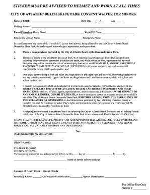 City of Atlantic Beach Skate Park Consent Waiver for Minors