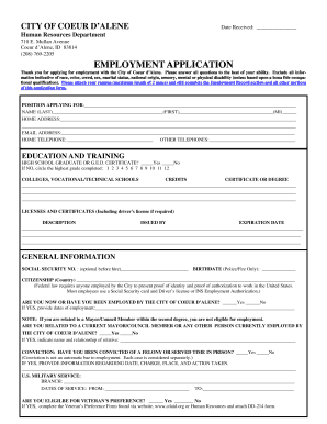 City of Coeur d'Alene Employment Application